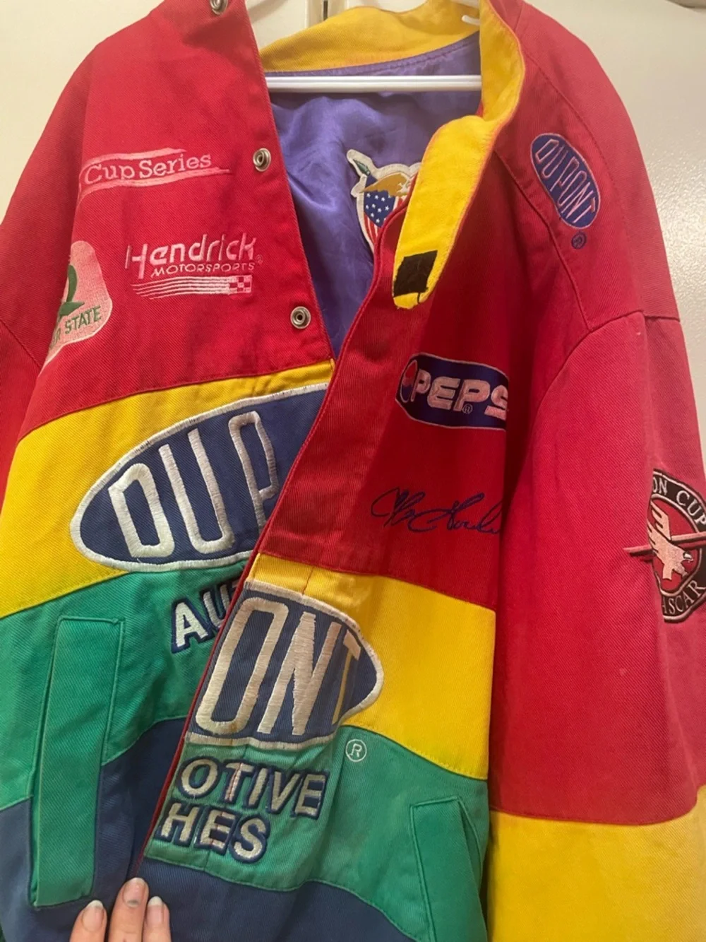 Colorblocked Red Yellow Purple Racing Jacket with Eagle Patch NASCAR DuPont Auto - Picture 4 of 9